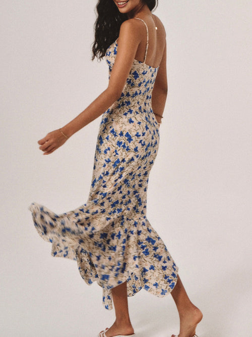 Bedrucktes geknotetes Langkleid mit unregelmäßigem Saum