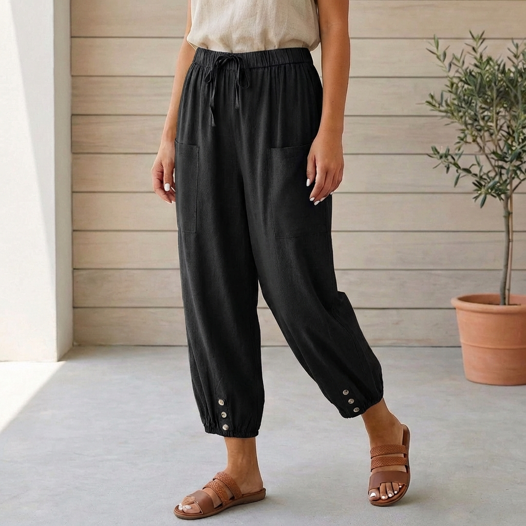 Hoch taillierte Relaxed-Cropped-Hose mit gerafften Knöcheln aus Leinen