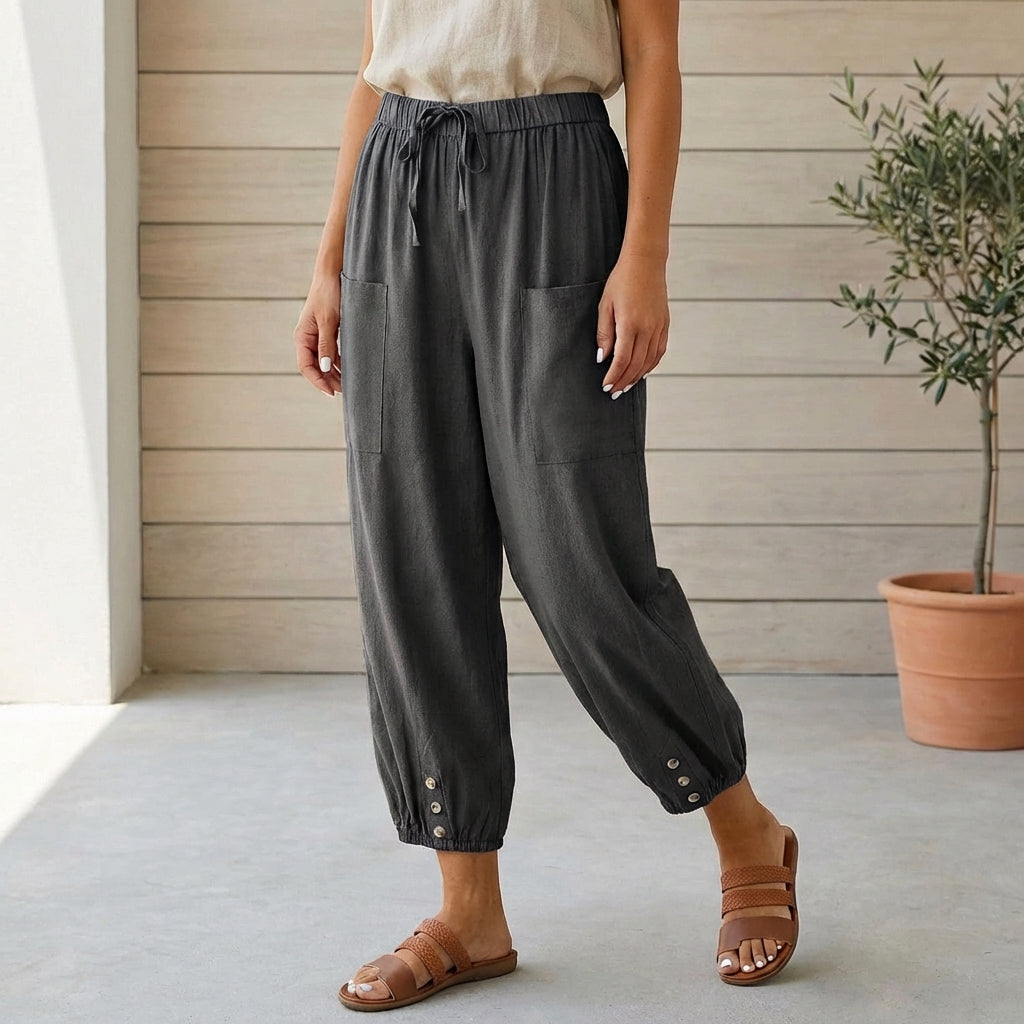 Hoch taillierte Relaxed-Cropped-Hose mit gerafften Knöcheln aus Leinen