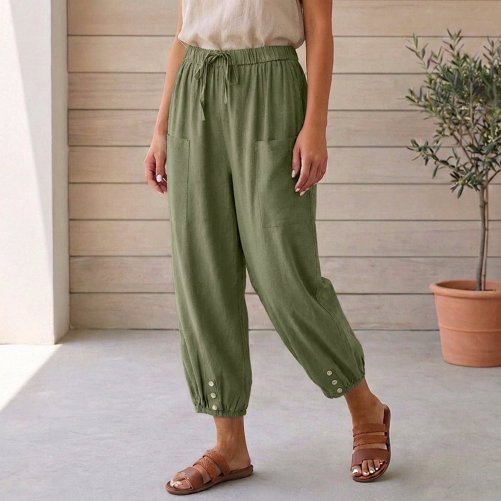 Hoch taillierte Relaxed-Cropped-Hose mit gerafften Knöcheln aus Leinen