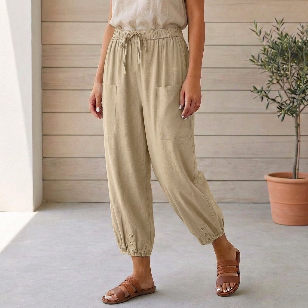 Hoch taillierte Relaxed-Cropped-Hose mit gerafften Knöcheln aus Leinen